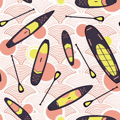 Stand Up Paddle Boarding SUP surfing elements cute seamless pattern vector illustration with supboard, waves in scandinavian flat style design on fish scale pattern