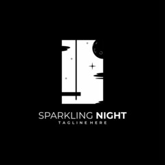 Sparkling night logo template. Swing logo template with sky and moon. Vector illustration
