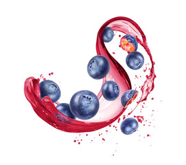 Blueberries in splashes of juice isolated on a white background