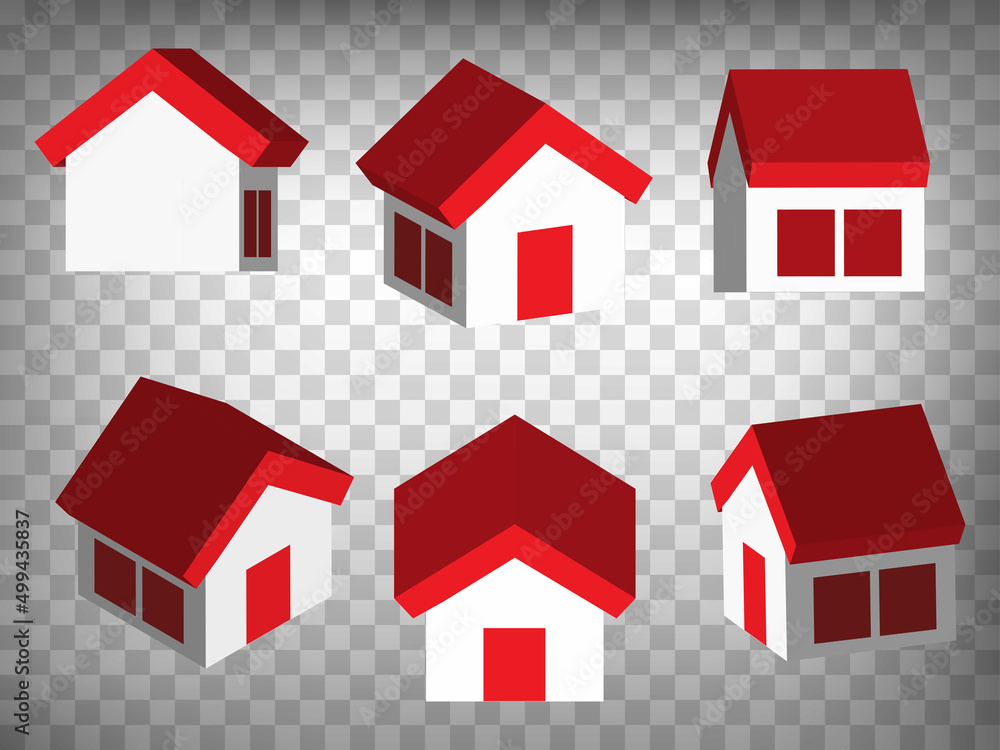 Poster set of abstract 3d houses icons. 3d house model with red roof and windows. house 3d icon illustratio