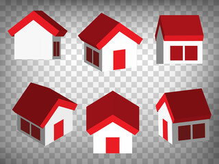 Set of abstract 3d  houses icons. 3d house model with red roof and windows. House 3d icon illustration with different views and angles.  Abstract concept of graphic elements for your design.