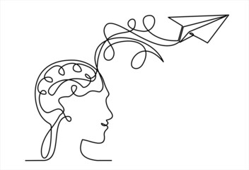 Head and airplane  isolated on white background. Continuous line illustration. One line vector. concept of traveling. Flight of thoughts. Flying thoughts