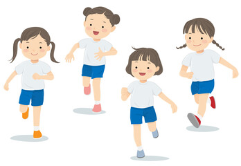 Vector illustration of four girls running happily