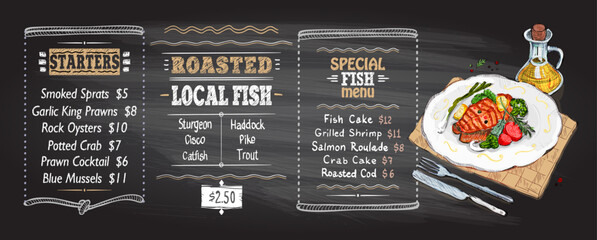 Fish menu chalkboard mockup with salmon steak on a plate
