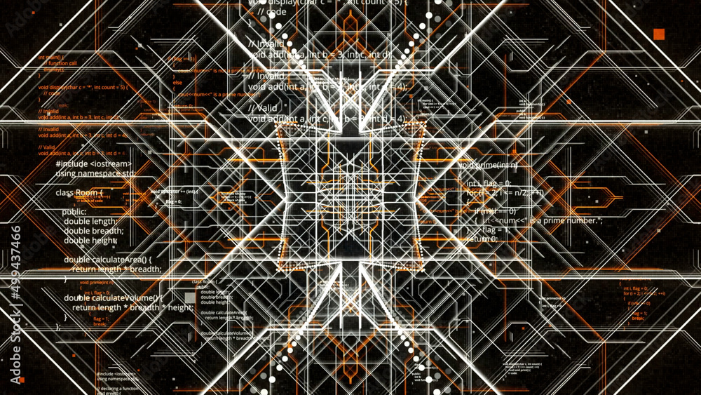 Poster Abstract conceptual background with neuron data information and network connections. Animation. Crossing orange and white lines and program code.