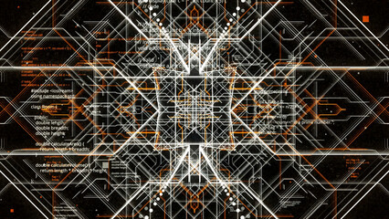 Abstract conceptual background with neuron data information and network connections. Animation. Crossing orange and white lines and program code.