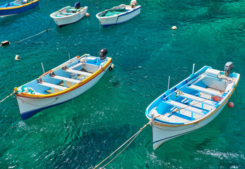 Maltese boats on transparent green water of Wied Zurrieq Fjord  of Malta island