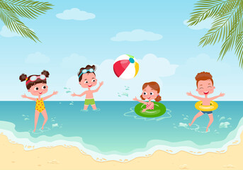 Children and beach entertainment. Kids in a summer camp, sunbathing on the seashore in a tropical resort. Children bathe and swim in the open sea. Vector illustration