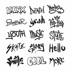 Collection of Black graffiti text, tags vector illustration design with street art style - obrazy, fototapety, plakaty