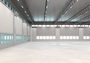 Warehouse background. Visualization of storage room. Concept of renting place for storage business. Warehouse background with square windows. Empty spacious warehouse. 3d rendering.