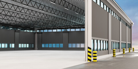 Entrance to empty warehouse. Warehouse hangar interior and exterior. Empty warehouse with concrete floor. Modern premises for logistics center. Building visualization. 3d rendering.