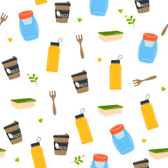 Eco seamless pattern. hand drawn eco life illustration. Zero waste, plastic free, eco life. Go green, no plastic concept. Zero waste shopping. Perfect for fabric, textile, wrapping.