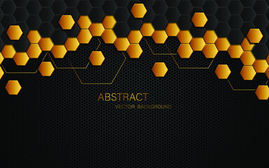 Abstract black and gold hexagon shapes with glowing lines on dark steel mesh background with free space for design. vector illustration	