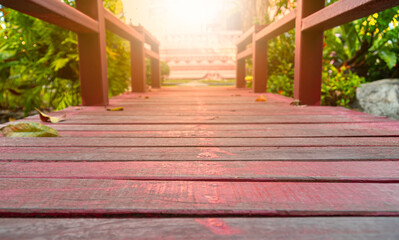 Leading lines view and flare. Wooden bridge in the garden with variety of ornamental plants and vegetation.