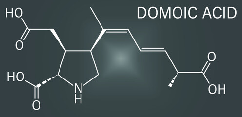 Domoic acid algae poison molecule, skeletal chemical formula. Responsible for amnesic shellfish poisoning (ASP).