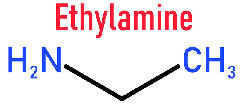 Ethylamine or Ethanamine organic base molecule, skeletal chemical formula.