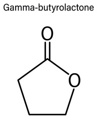 Gamma-butyrolactone (GBL) solvent molecule. Used as prodrug form of GHB (gamma-hydroxybutyric acid). Skeletal formula.