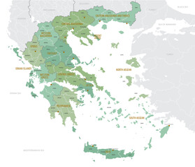Detailed map of Greece, with administrative divisions into Regions and municipalities, major cities of the country, vector illustration onwhite background