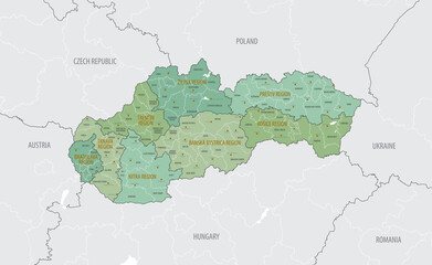 Detailed map of Slovakia, with administrative divisions into kraje, regions and municipalities, major cities of the country, vector illustration on white background
