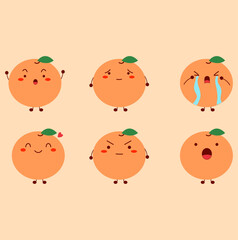 Orange character. Many emotions cartoon. Martial, dismal, cry, smile, happy, angry and surprised.