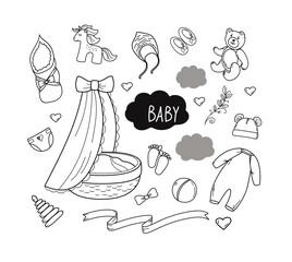 Set of hand drawn babyboy and girl. Cartoon sketch style doodle for icon, banner. 