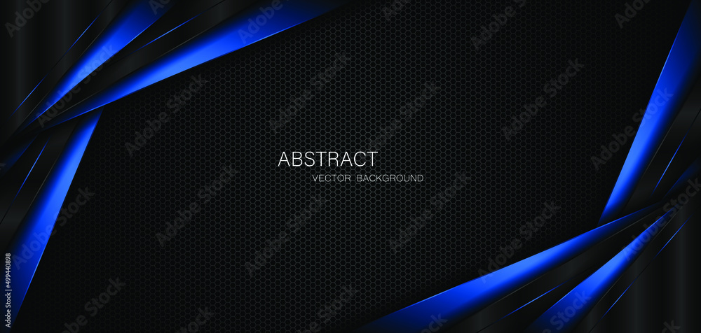 Poster abstract black and blue polygons overlapped on dark steel mesh background with free space for design