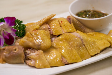 A fresh and delicious traditional Cantonese dish, white cut chicken
