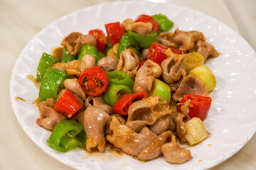 A sweet and delicious Chinese dish, fried pork intestines