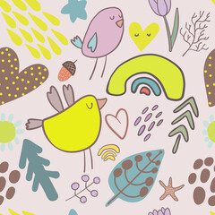 Seamless floral and animals pattern with cute doodle elements. Hand painted vector background