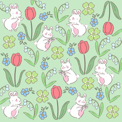 Hand draw Illustration of cute bunny with blossom flower girly cartoon forest pattern background