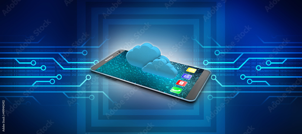 Poster 3d rendering cloud online storage icons with mobile