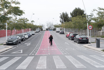 Young red-haired girl seen from behind using a red bicycle to get around the city using a red bike lane.
