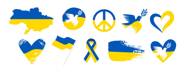 Collection of graphic elements in support for Ukraine. Peace for Ukraine set. Sign and symbols for humanitarian aid, support, help and donation. Vector clipart in ukrainian flag colors yellow and blue
