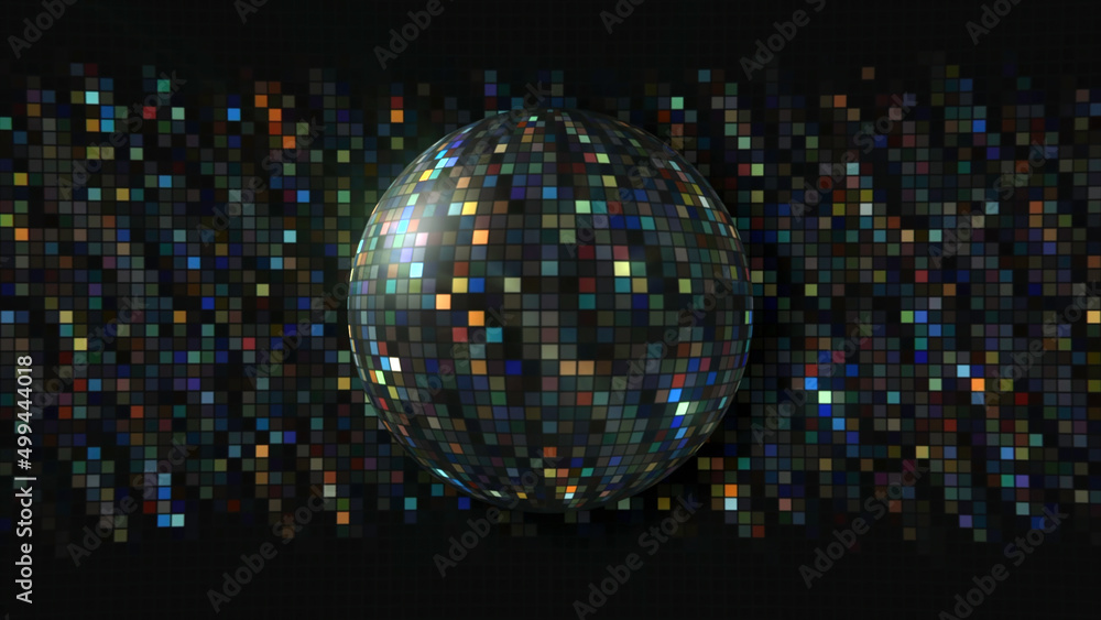 Poster beautiful shiny background with rotating disco ball. motion. bright rotating ball with shiny squares