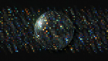 Beautiful shiny background with rotating disco ball. Motion. Bright rotating ball with shiny squares. Colored disco ball rotates on background of shiny squares