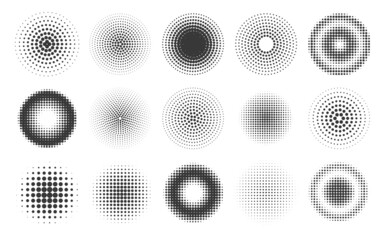 Abstract halftone dots circle patterns and frames. round comic gradient texture effect. Radial screentone spray brush. Halftone background vector set - obrazy, fototapety, plakaty