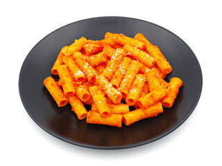 Tortiglioni pasta with tomato sauce isolated on white background