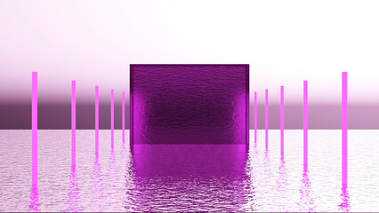 3D cube on surface of water. Design. Japanese-style animation with water structure and sticks in water.Colored cube reflecting slow ripples of water surface in virtual 3D space