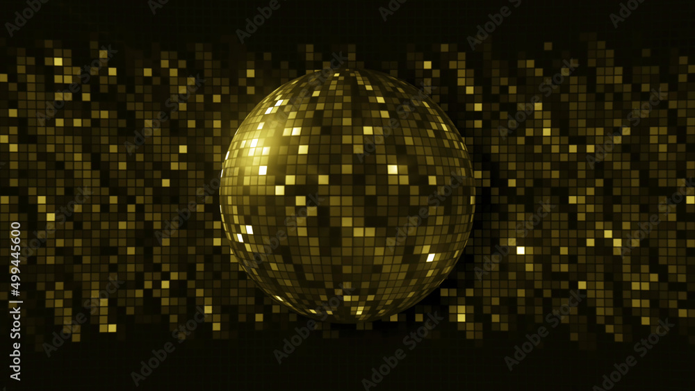 Poster beautiful shiny background with rotating disco ball. motion. bright rotating ball with shiny squares