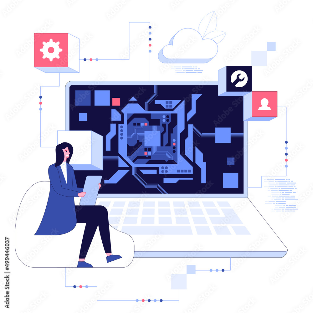 Poster vector illustration of professional engineer use laptop screen shows cpu abstract digital chip compu