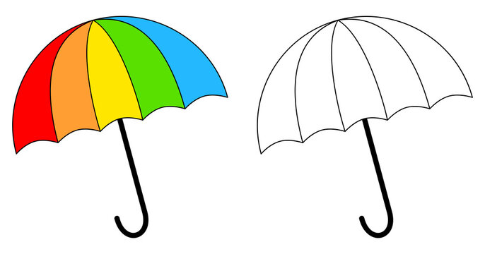 Rainbow umbrella colorful and black and white. Coloring book page for children. Colored and outline vector illustration isolated on white background. Game for kids.