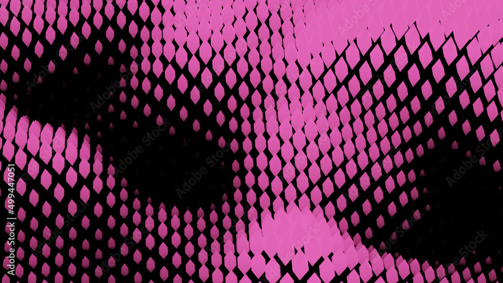 Poster volumetric moving waves from points. design. wavy pulsations of moving dots on black background. vir