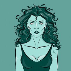 Portrait in green colors of an attractive woman with strong face and long curly hair.