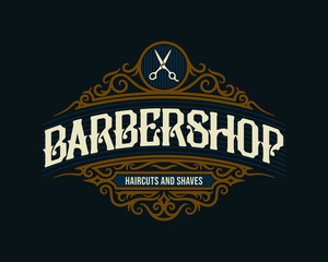 Barbershop vintage Luxury frame Logo Badge with flourish Victorian Ornament
