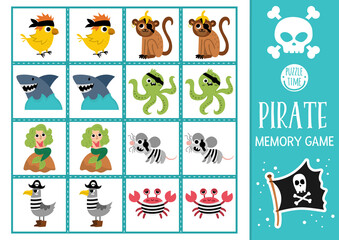 Vector pirate memory game cards with cute animals. Sea adventure matching activity. Treasure island remember and find correct card. Simple printable worksheet for kids with parrot, octopus.