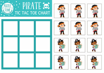 Obraz na płótnie Canvas Vector treasure island tic tac toe chart with pirates. Sea adventures board game playing field with cute characters. Funny marine printable worksheet. Noughts and crosses grid .