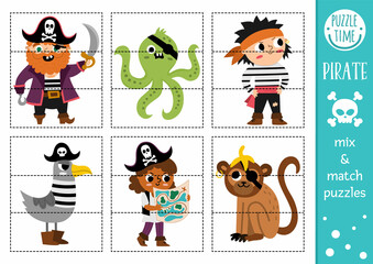 Vector pirate mix and match puzzle with cute characters. Matching treasure island activity for preschool kids. Educational sea adventure printable game with sailor, octopus, monkey, seagull..