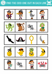 Find the odd one out. Pirate logical activity for children. Treasure island educational quiz worksheet for kids for attention skills. Simple sea adventure printable game with cute characters.