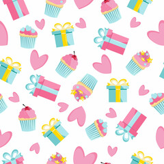 Seamless pattern with cake and gifts boxes. Party, birthday, holiday, sweets.