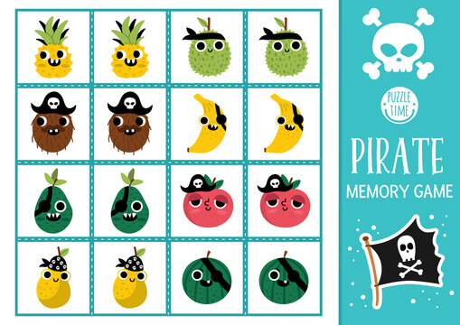 Vector pirate memory game cards with cute kawaii fruit. Sea adventure matching activity. Treasure island remember and find correct card. Simple printable worksheet for kids.